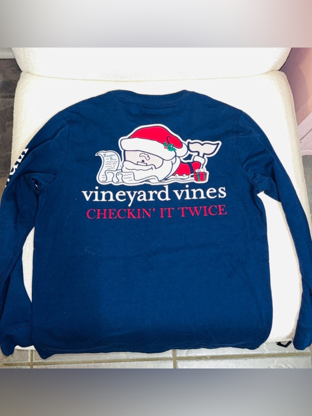 Vineyard Vines Navy Blue Long Sleeve Shirt with Red Santa Graphic